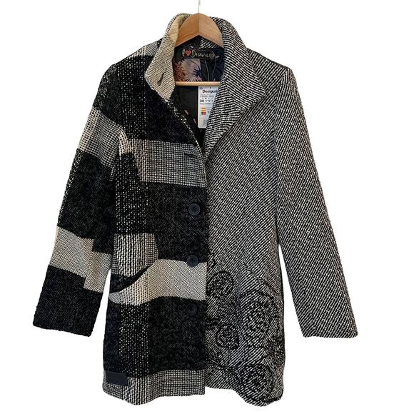 NWT Desigual Wool Blend Coat Womens 4 Tweed Embroidered Plaid Artsy Jacket Pea - Picture 1 of 16